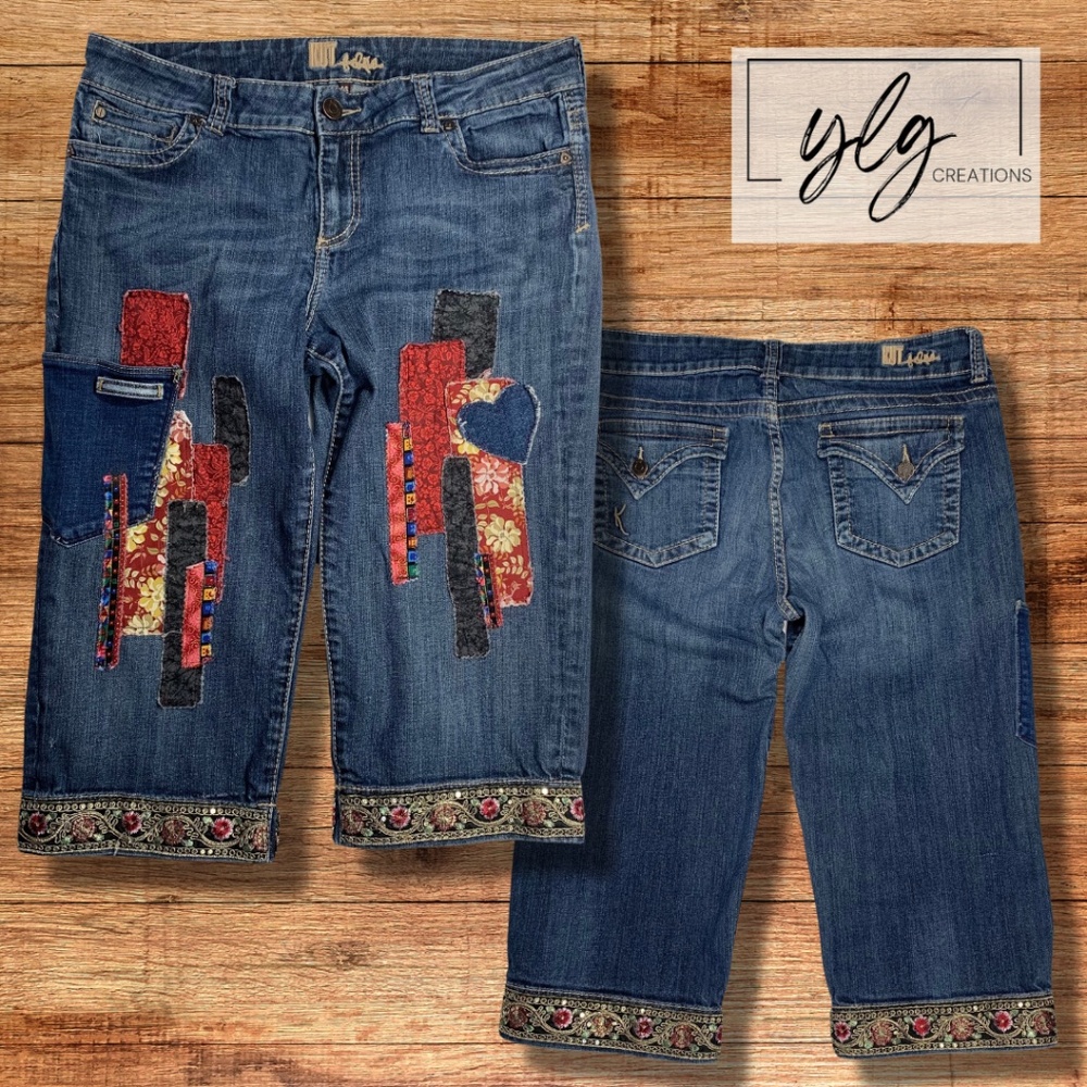 KUT Womens Jeans Cropped Boho Patched Hippie Festival Burgundy Black 14